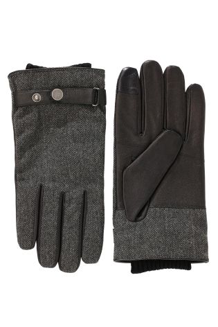 Grey Herringbone Leather Gloves